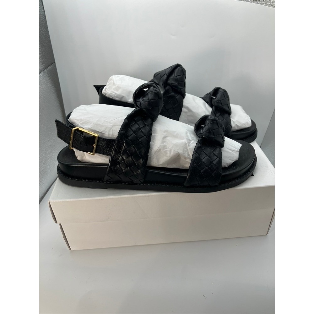 Schutz Women Black Woven Leather Knot Platform Sandals Slingback Buckle Size 8